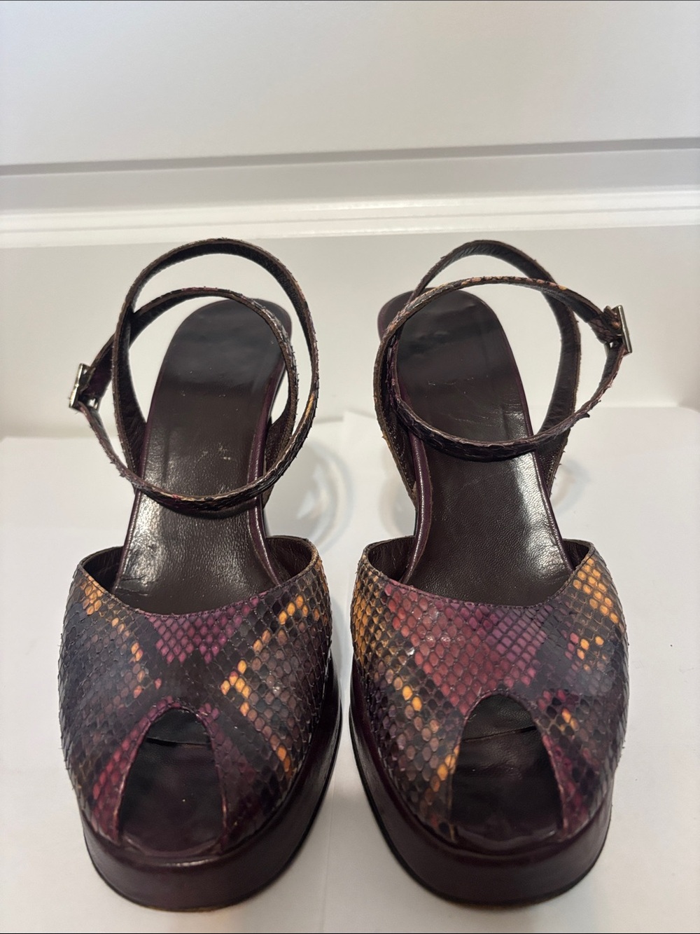 Vintage Browns Couture Iridescent Purple Python Platform Ankle Strap Heels- 37.5